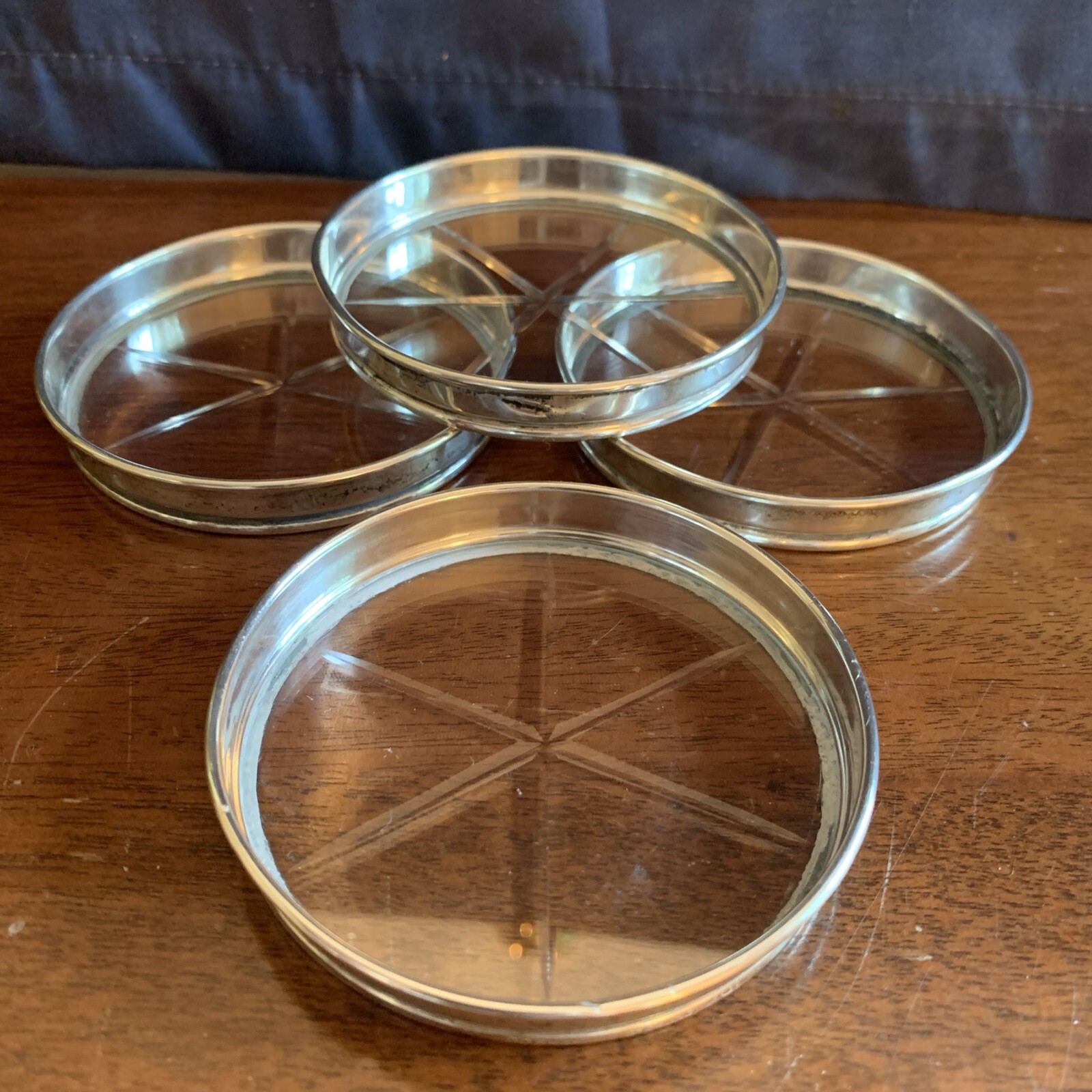 Set Of 4~GORHAM LEAD CRYTAL STARBURST COASTERS W/ STERLING RIMS, Marked ...