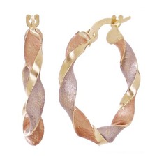 Italian 14k Tri-Color Gold Hollow Satin Twisted Hoop Earrings 22.8mm x 3mm 1.8g