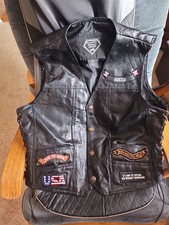 Diamond-Plate Buffalo Leather Vest L Mens Black Biker Motorcycle Patches Buttons