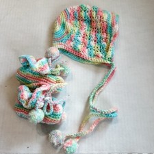 Vintage Crochet Rainbow Bonnet  Booties 6-12 Mos