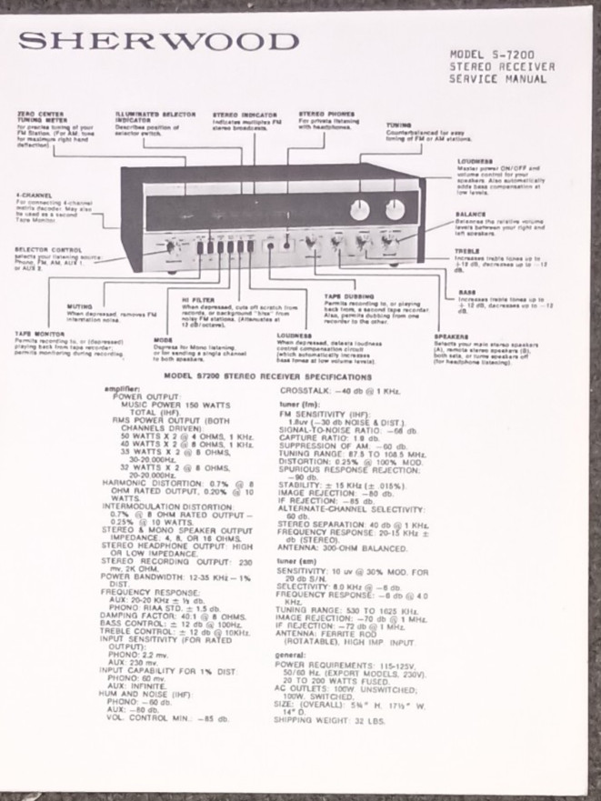 SHERWOOD S-7200 Receiver Service Manual Photocopy