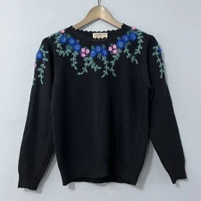 Vintage Susan Bristol Sweater Womens 36 Black Floral Hand Embroidered Angora 80s