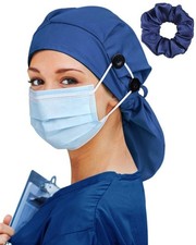 Large Satin Lined Scrub Cap Women Long Hair Nurse Surgical Bonnet 4 Button