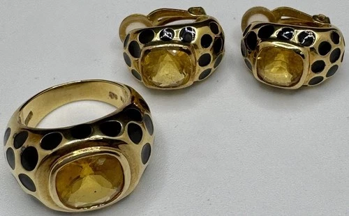 VTG 925 Sterling Silver Ring & Earring Set Gold-tone Enamel Dots Signed PJM sz 7