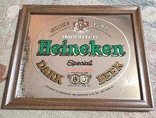 VINTAGE HEINEKEN IMPORTED BEER WOOD FRAMED MIRROR SIGN 14 x 17"