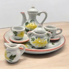 VTG Miniature Stoneware Tea Set 10pc Hand Painted Floral Boxed Dollhouse Display