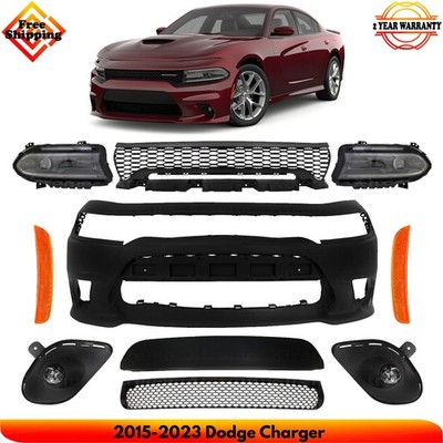 Front Bumper Cover Paintable & Headlights Kit For 2015-2023 Dodge Charger