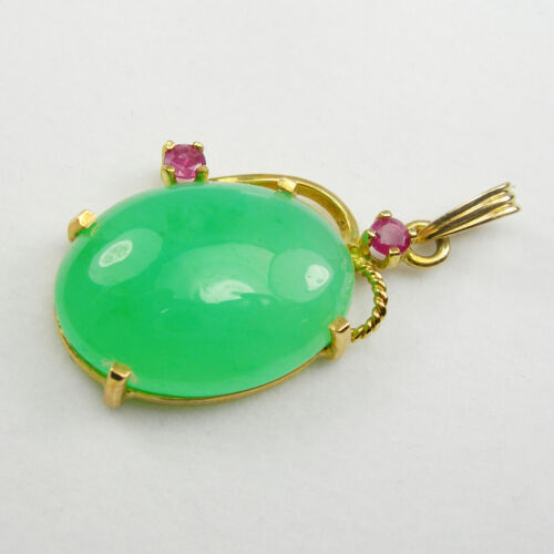 Australian Jade Chrysoprase Ruby Gemstone Pendant Genuine 750 18k Yellow Gold - Picture 3 of 12