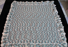 Baby Afghan Blanket Hand Crocheted Boy's Blue Grey Ombre  White Ruffled Edge
