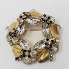Brushed Gold Tone Clear Black Crystal Wreath Brooch Pin Vintage Costume Jewelry