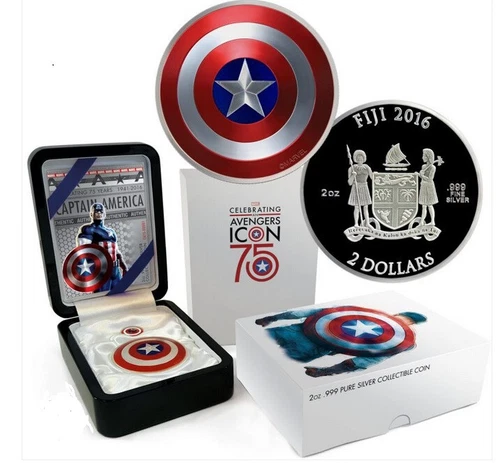 CAPTAIN AMERICA SHIELD  75TH ANNIVERSARY 2016 2 OZ PROOF SILVER DOMED COIN FIJI