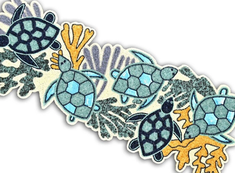 Beaded Table Runner, Coral Turtle Design Table Runner, Luxury Tableware 13X36 In - Image 4 of 4