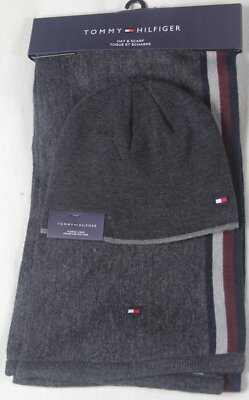 Tommy Hilfiger Grey Navy Burgundy Scarf Beanie 2 Piece Set NWT