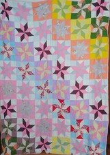 Quilt Hand Machine Stitched 8 Point Star Colorful Rainbow Patches Recycled 74x93