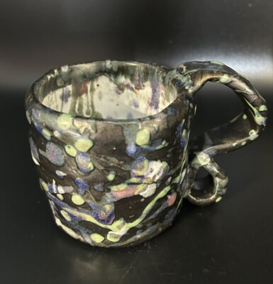 Hand Made Hand Painted Coffee Mug Green To Purple Under Black Light Signed.