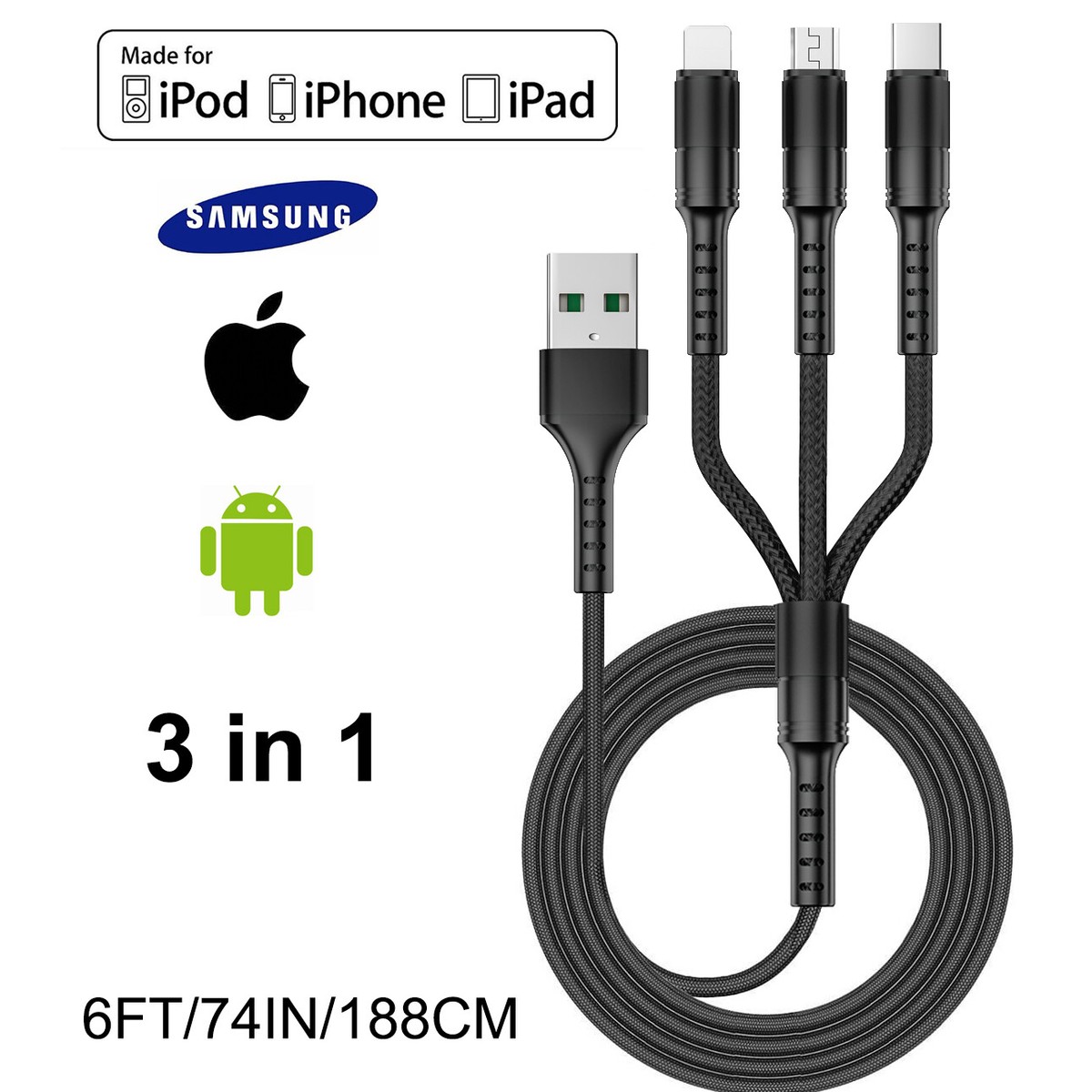 MFI Certified 3-IN-1 Coiled USB Type C Micro USB Charging Data Sync Cable