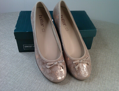 Womens HOTTER Flat Shoes Sz Rose-Gold Floral Suede-Nubuck NEW IN BOX 