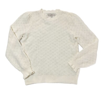 NWT Loft Womens Sweater Poet Sleeve Wavy Neck Crochet Diamond Cable White Size L