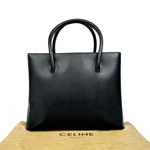 CELINE Vintage Black Leather Top Handle Tote Bag Gold Hardware Made in Italy