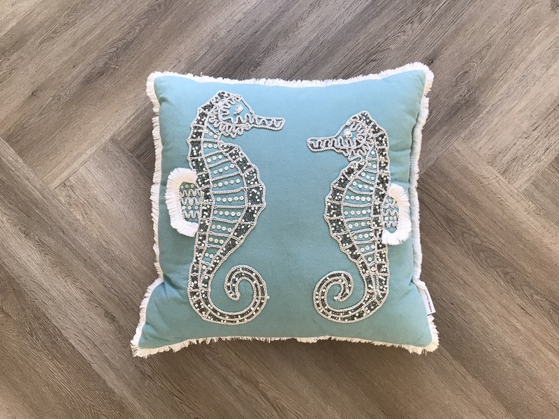 Coastal Collection Seahorse Throw Pillow Beaded Blue Silver Sparkle Fabric 18x18