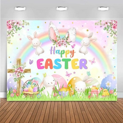 7x5ft Spring Easter Backdrop Banner Spring Rainbow Garden Happy Easter Backgroun
