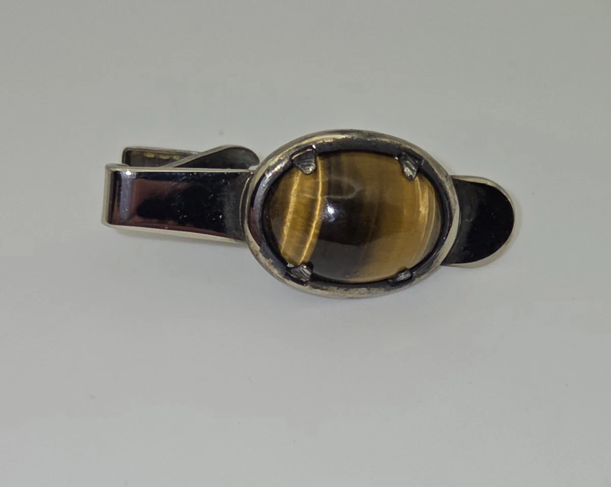 Épingle De Cravate Vintage - Pierre Œil De Tigre Carrée - Monture Dorée - Style Rétro MCM