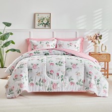 Flower Comforter Set with Sheet Set White Botanical Bed in a Bag Twin Size Li...