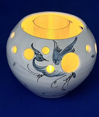 Stéphanie Joffre Pottery Faience Hand Painted Bird France Votive Candle Holder