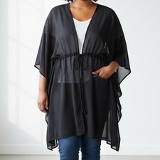 Torrid Black Chiffon Sheer Kimono Cardigan Drawstring Waist Plus Size 1/2 1X 2X