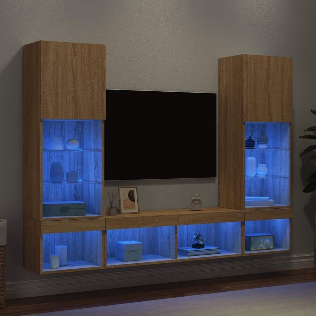 5PC TV Wall Units Media Cabinet with LED Lights, Sonoma oak Engineered Wood