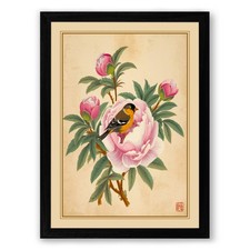 Peonies with Songbird Japandi Framed Wall Art Print