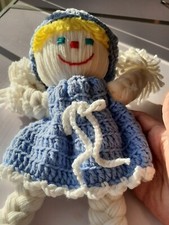 Crocheted Yarn Girl Doll Smiling Face Custom Handmade Doll Blue Dress Hat Toy