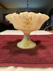 Fenton Satin Custard Daisies Ruffled Compote Hand Painted And Signed 6”