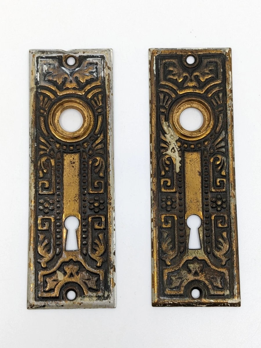 Pair of Vintage Door Knob Plates Skeleton Key Hole Mid Century