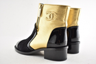 Chanel 18B Gold Black Patent Suede CC Logo Zipper Zip Short Ankle Bootie Boot 35