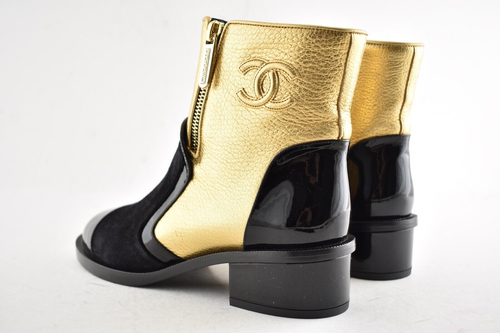 Chanel 18B Gold Black Patent Suede CC Logo Zipper Zip Short Ankle Bootie Boot 35