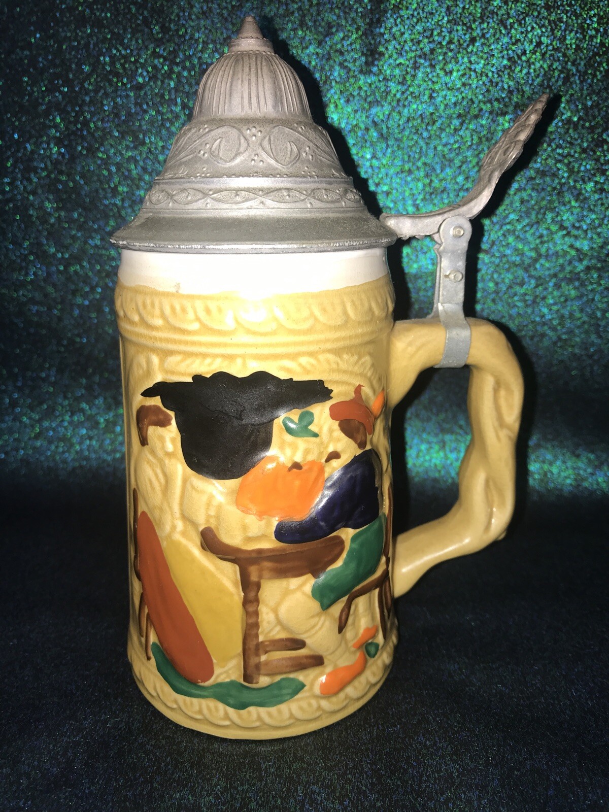 Beer Stein With Patterned Lid - Features Folks At The Table With Pumpkin, Words