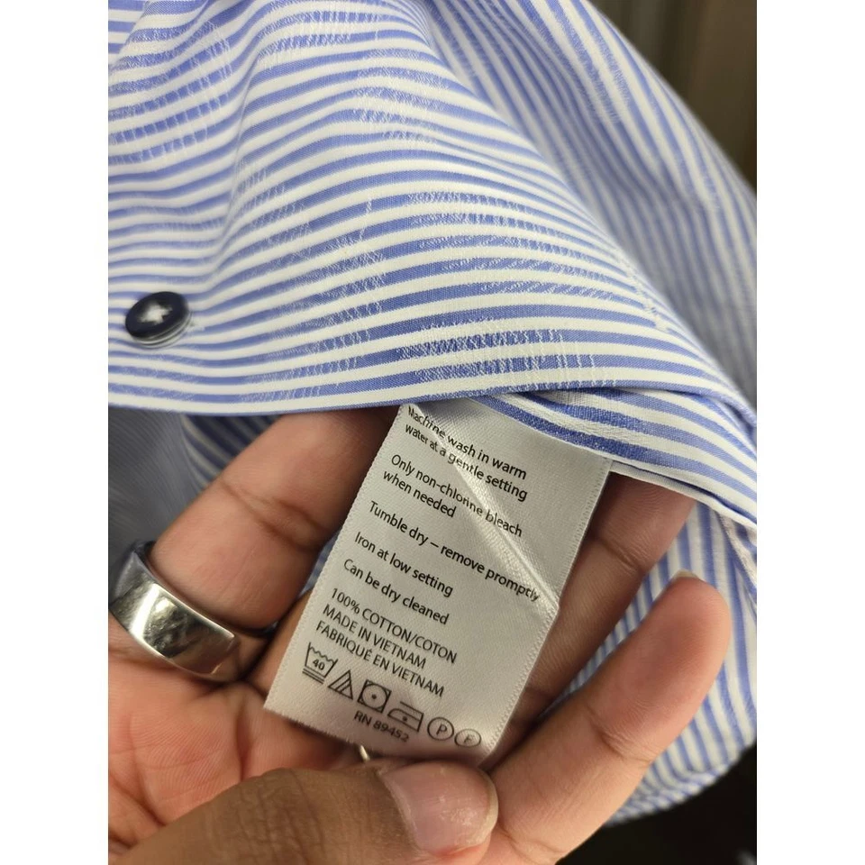 Lorenzo Uomo Blue Striped Trim Fit Dress Shirt Button Down Collar SZ 17.5 34/35 - Image 4 of 4