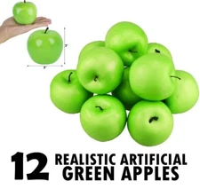 12 PACK Realistic Fake 3" Green Apples, Plastic Fruit Pieces Decorations Lot Set
