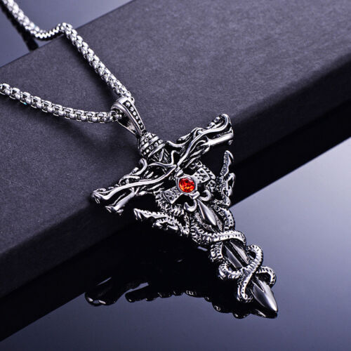 New Mens Gothic Large Dragon Sword Cross CZ Pendant Necklace Stainless Steel - Picture 1 of 6