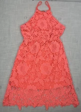 Acemi Coral Pink Lace Lined Elastic Waist Halter Dress Junior Womens Sz S EUC