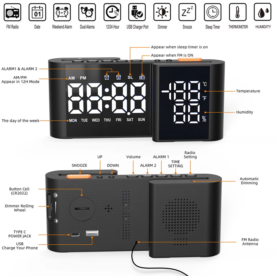 Wireless Weather Station Clock LED Dual-screen Thermometer Hygrometer FM Radio - Image 3 of 4