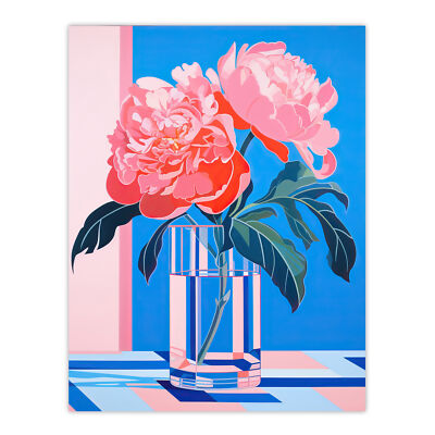 Perfekte Pfingstrosen Blume Blüten in Glas Vase Lebendig Floral Wandbild Poster Druck