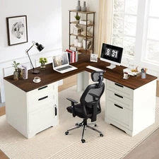 60" Executive L Shaped Desk with Drawers, Home Office Desk with Charging Station
