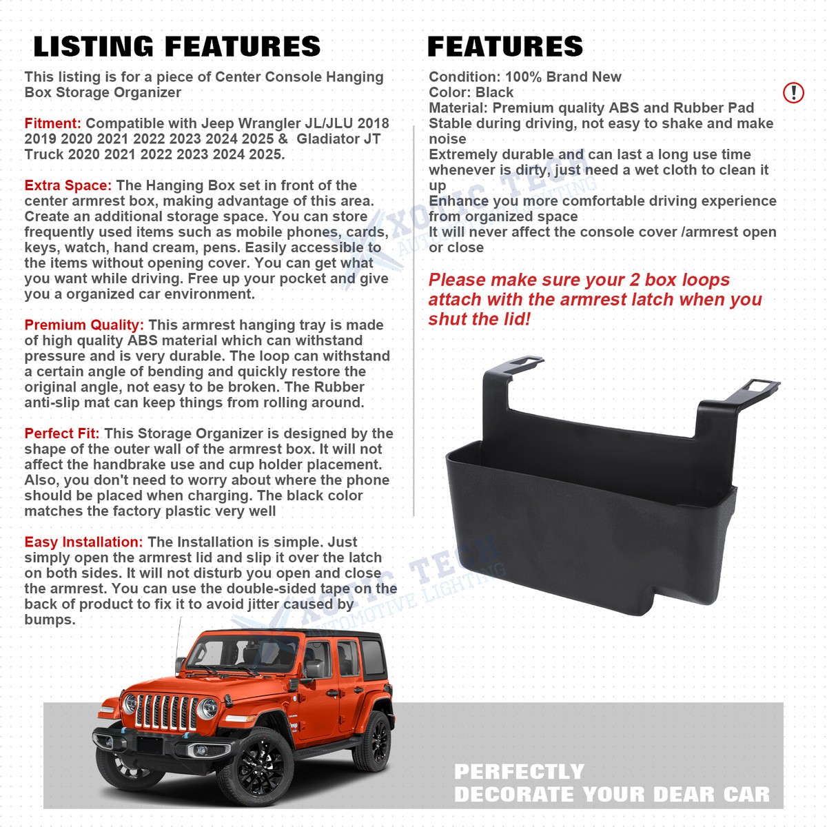 Center Console Hanging Box For Jeep Wrangler JL/JLU Gladiator JT