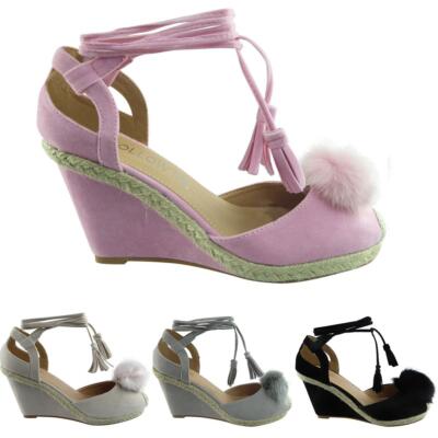 Damen Frauen Keilsandale Knöchel Schnürung bequem Sommer Plateau Party Espadrilles