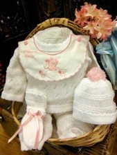 Will'beth Preemie Newborn Baby Girl Bibbed Knit Set Stork Ribbons Booties Hat