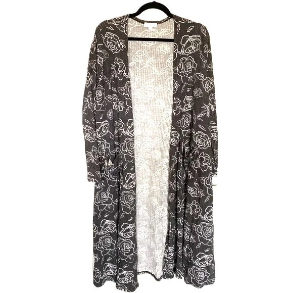 Cárdigan LuLaRoe Sarah Manga Larga Rosas Plumero Grande Acanalado Gris Blanco Foto 2 de 4