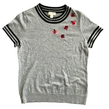 Wool Blend Lightweight Short Sleeve Knit Top Shirt Beaded Ladybugs Size Medium