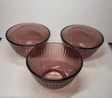 3 Pyrex Sculptured Ribbed Cranberry Bowls 3 Cup 5 5/8